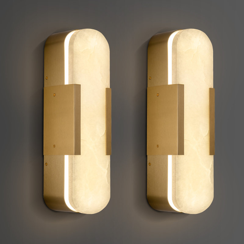 Applique murale 2 lumières avec abat-jour albâtre (ampoules incluses), H 19,7 po x l 4,8 po x P 3,4 po, Laiton, Oui