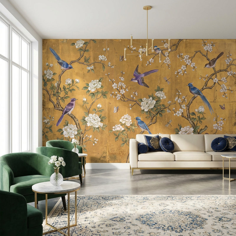 Papier peint oriental oiseaux chinoiserie, Non tissé, 140 po x 108 po