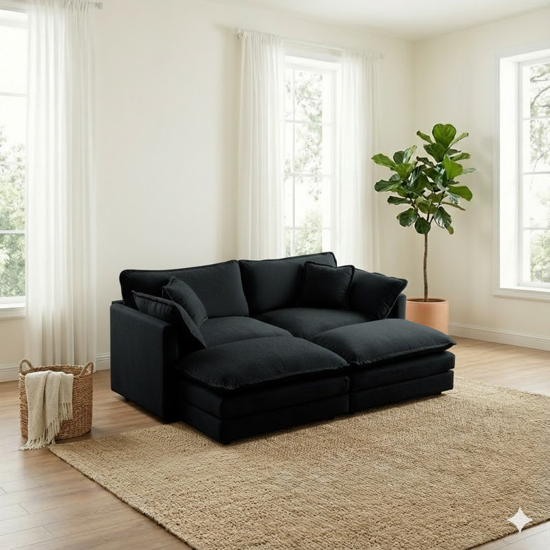 Comfy Modular Coush Loveseat Sofa With 2 Ottoman, Black