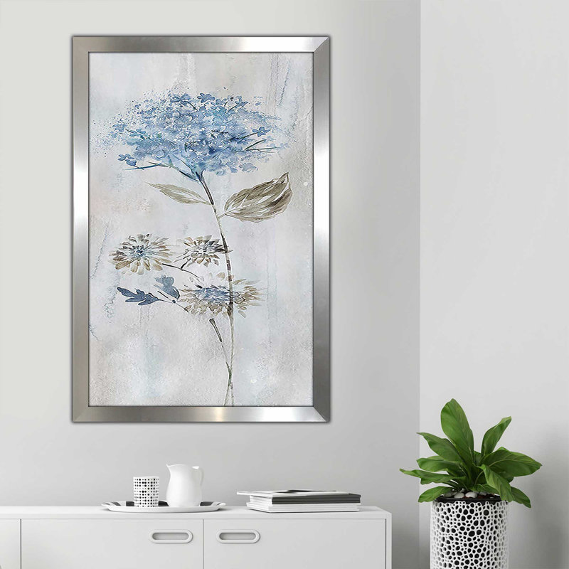 «Blue Meadow» par Conrad Knutsen - peinture, Encadrement argenté, H 27,5 po x l 21,5 po x P 0,75 po