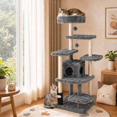 Arbre à chat multiniveaux de 170 cm avec grande niche pour chatons, tour d'intérieur beige/gris