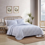 Tommy Bahama Distressed Water Leaves Blue Cotton Reversible Quilt Set