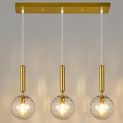 Retro Round Pendant Lighting Gold Pendant Light Clear Glass Lampshade Pendant Lighting for Kitchen Island Living Room Dining Room(3-Light)