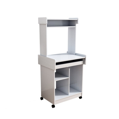 Chariot à micro-ondes avec station de café en blanc, équipé de roulettes verrouillables et d'une tablette coulissante