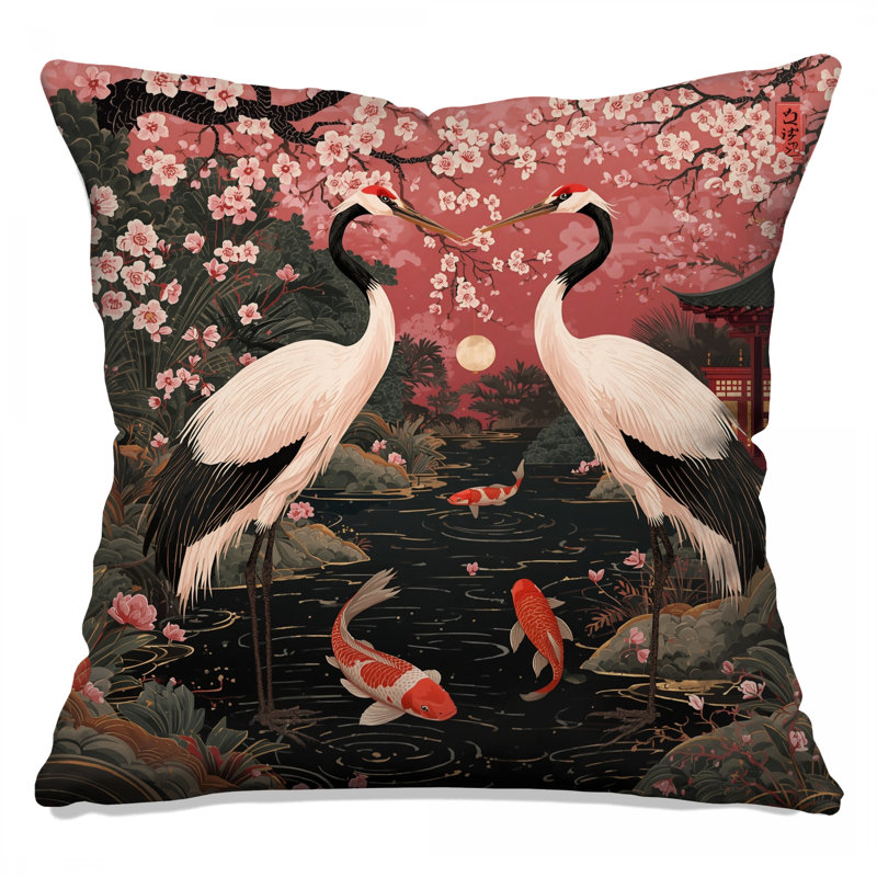 Coussins Cherry Blossom Cranes Koi, 16 x 16 pouces