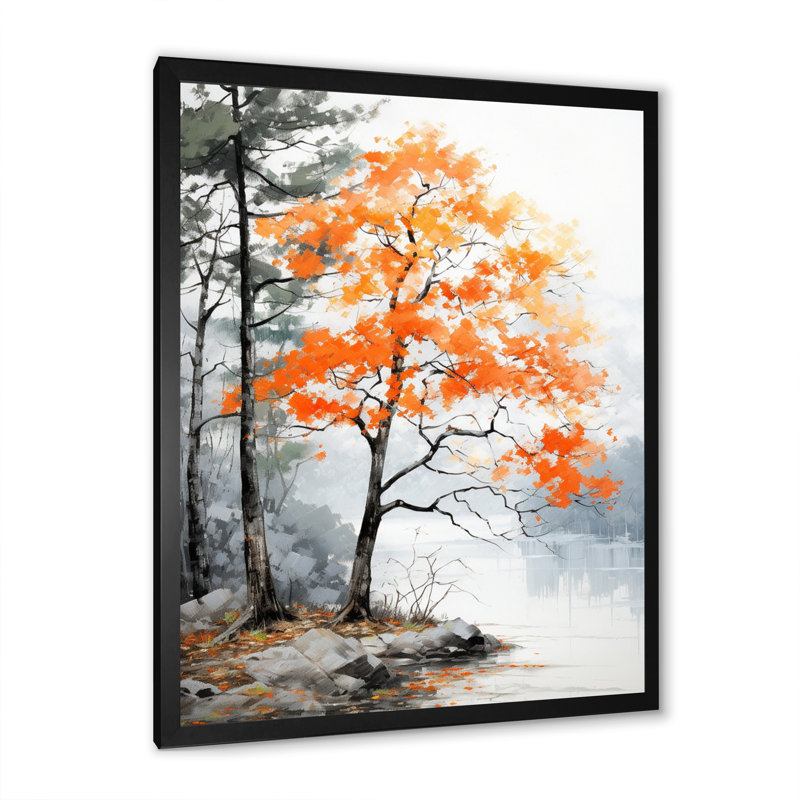 Orange et gris, forêt, automne, élégance I - art mural forêt, Cadre simple noir, H 44 po x l 34 po x P 1,5 po