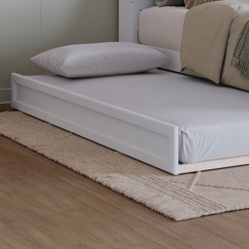 Lit plateforme en bois massif Lamari avec pied de lit et lit gigogne, Blanc, Simple TG