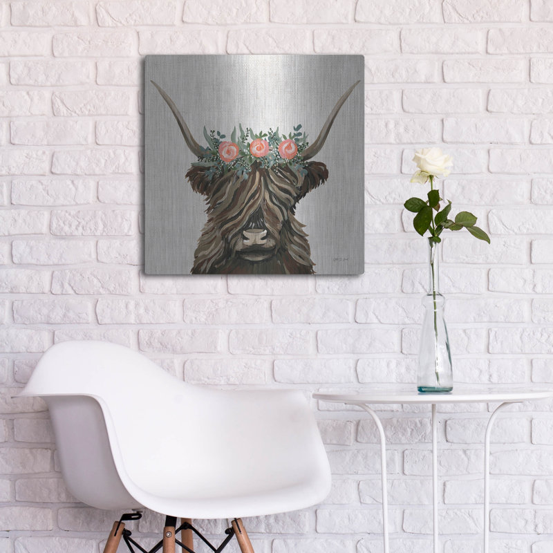 Trinx 'Longhorn With Rose Crown Linen Sq' by Yvette St. Amant Metal Wall Art, 24" H x 24" W