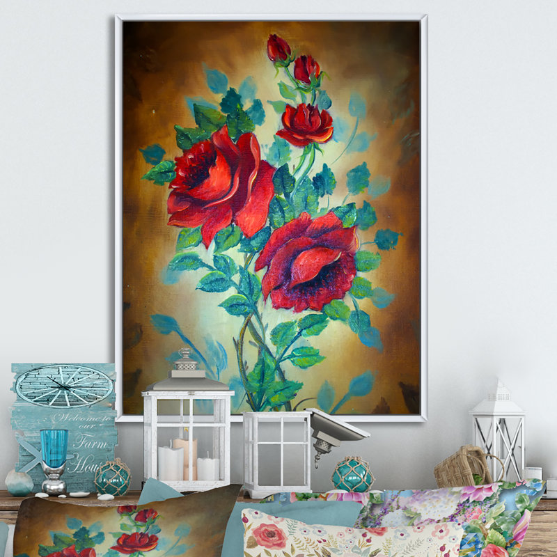 Trois roses rouges sauvages - art mural traditionnel sur toile, H 12 po x l 8 po x P 1 po, Cadre flottant blanc