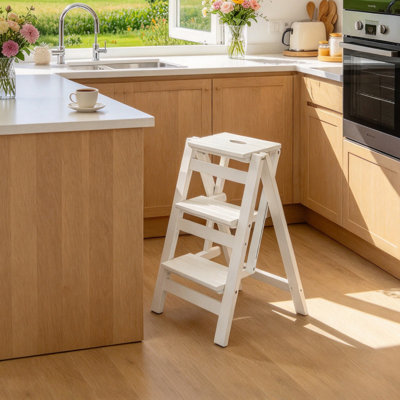 3-Step Ladder Portable Folding Step Stool Wooden Step Ladder Sturdy Wide Pedal