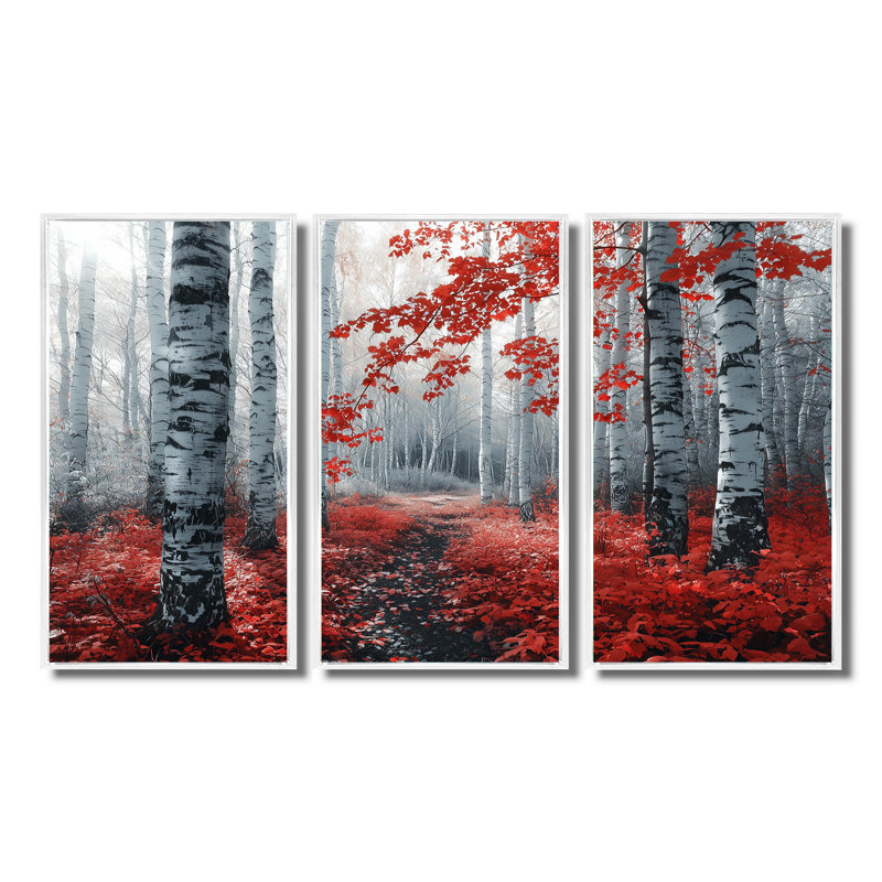 «Red Morning In Forest Panorama» - ensemble de salon art mural forêt, Toile encadrée flottée blanche