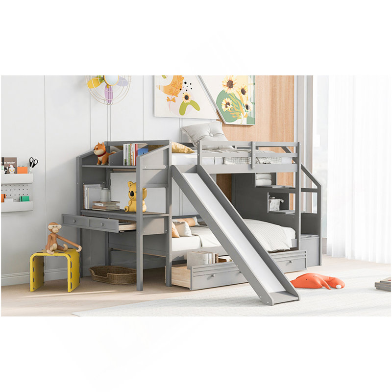 Lit superposé simple au-dessus de simple avec escalier de rangement, glissière et tiroirs, bureau avec tiroirs et tablettes, gris