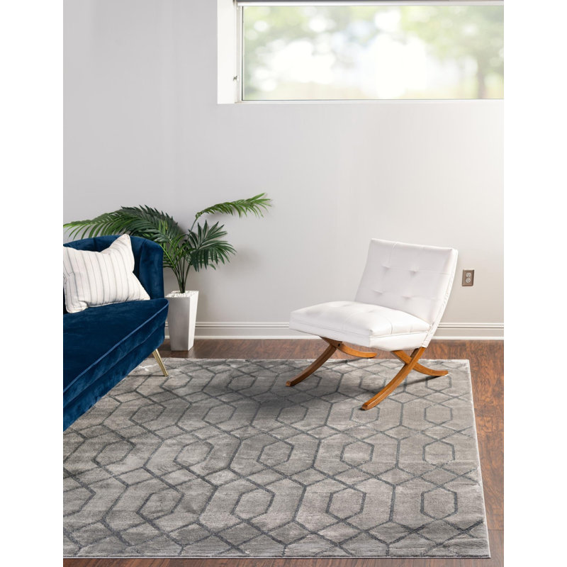 Tapis gris argenté à motif géométrique glam, Carré 7 pi 10 po