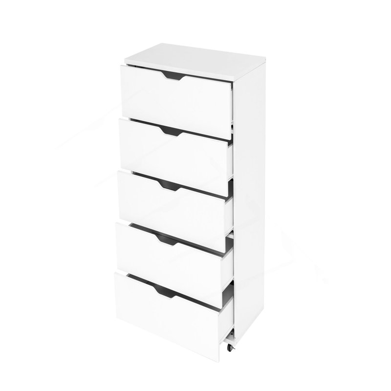 Commode 5 tiroirs avec roulettes - Armoire de rangement moderne, Blanc