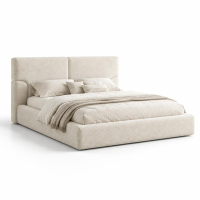 Cadre de lit plateforme moderne avec tête de lit rembourrée en polyester, sommier métallique discret, sans sommier tapissier, structure robuste en fer renforcé, support à lattes en bois massif
