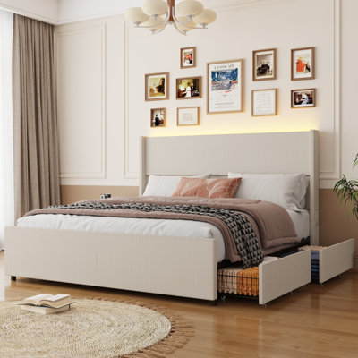 Corduroy Upholstered Platform Bed With Drawers, LED Light, Wingback Headboard, And Footboard, No Box Spring Needed