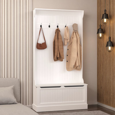 White Entryway Bench with Coat Rack & Shoe Storage | Organize Entry Hallway