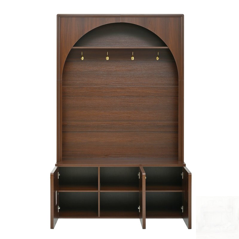 Farmhouse All-In-One Hall Tree With Adjustable Shelves, Retro Arched Entryway Storage Bench With 3 Cabinets, Wooden Coat Rack Organizer With 4 Golden Hooks For Mudroom, Hallway