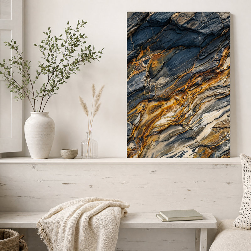 Toile murale à texture de roche gris foncé avec veines orange, H 36 po x l 24 po