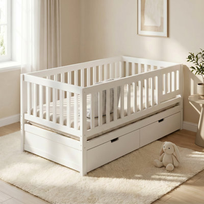 Lit convertible pour tout-petits avec tiroirs de rangement, lit de jour pour enfants en bois massif 3-en-1 avec garde-corps amovibles, convient aux matelas standard pour tout-petits américains, couleur: blanc