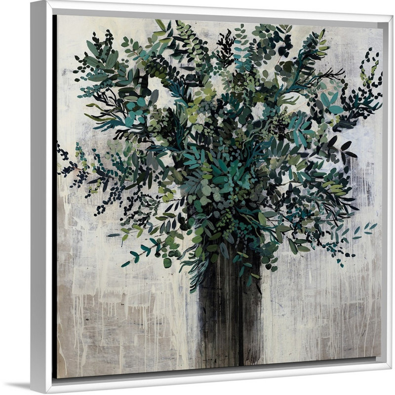 « eucalyptus disposition », peinture sur toile, H 37,7 po x l 37,7 po x p 1,75 po, Cadre flottant blanc