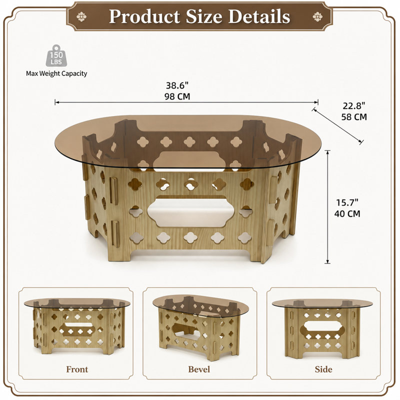 Table basse ovale multifonctionnelle avec nid caché pour animal de compagnie, plateau en verre trempé et base en bois massif sculpté