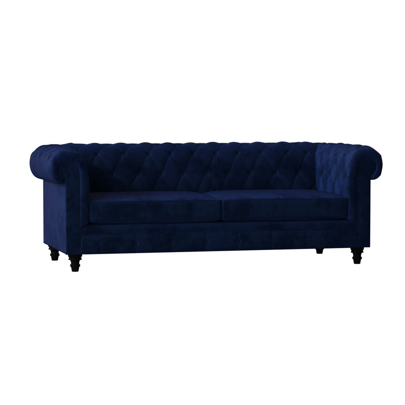 Canapé Chesterfield à accoudoirs roulés, Velours bleu, 60 pouces, Noir