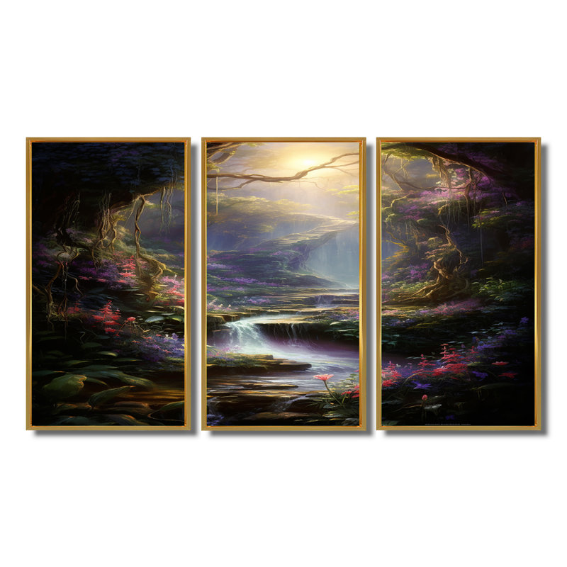 Ensemble de salon Magical Stream With Flowers In The Woods - River Wall Art, Cadre flottant doré, H 40 po x l 60 po x P 1 po