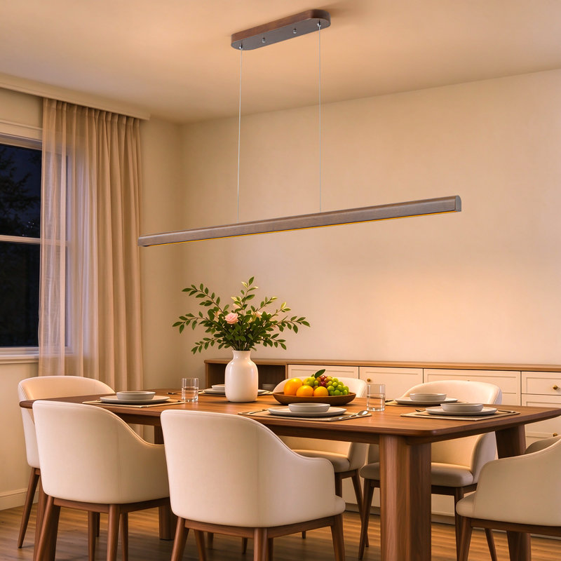 Suspension moderne en bois à intensité variable de 59 pouces pour îlot de cuisine, avec lustre DEL intégré et 3 températures de couleur.