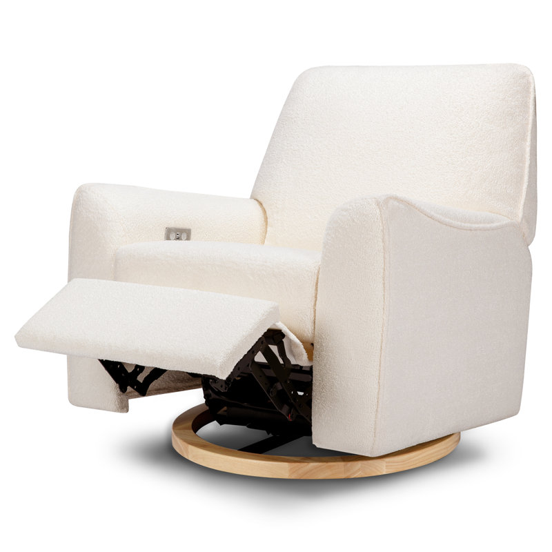 Sunday Power Recliner and Swivel Glider, White Boucle, Natural Wood