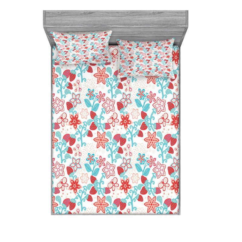 Ensemble de draps floral coccinelles papillonss et fraises pour enfants, Ensemble de drap pour grand lit avec drap-housse