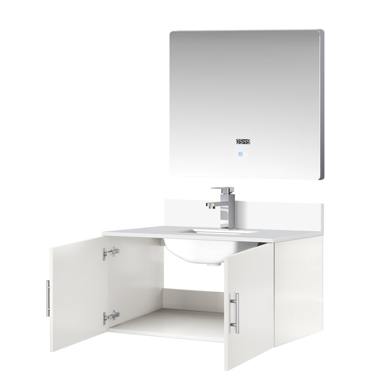 Meuble-lavabo blanc brillant 36 po x 22 po avec comptoir en quartz et robinet, miroir à DEL rayé et teinté pour une durabilité accrue W 22 P, robinet, ambiance sereine pour la salle de bain