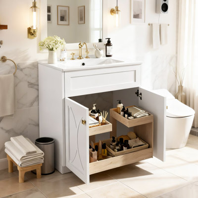 Freestanding Modern Bathroom Vanity Set: 30" With Ceramic Sink, Gold Handles, And Soft-Close Doors