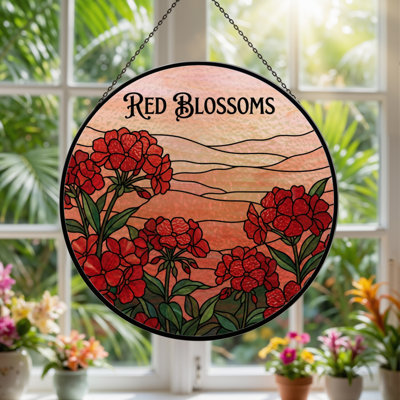 12"H Red Blossoms Stained Glass Window Panel