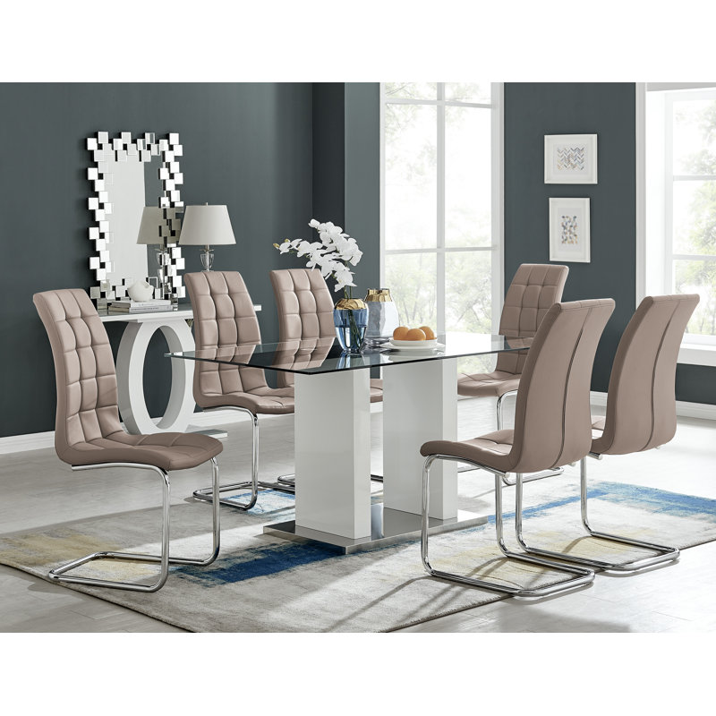 Ransart Modern Luxury Glass & Metal Dining Table Set With 6 Modern Faux Leather Dining Chairs, Cappuccino Beige