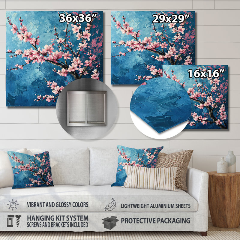 Fleur de cerisier rose sur fond bleu ciel peint - fleur de cerisier, Métal métal, H 30 po x l 30 po x P 1 po