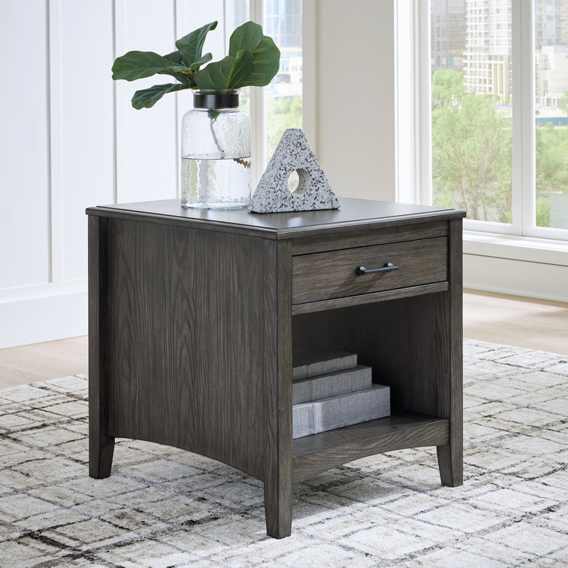 Gray Rectangular Wood End Table with Storage Drawer
