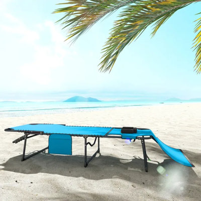 Méridienne de bronzage pliante bleue, chaise longue d'extérieur inclinable à 5 niveaux avec trou de lecture, poche latérale et appui-tête