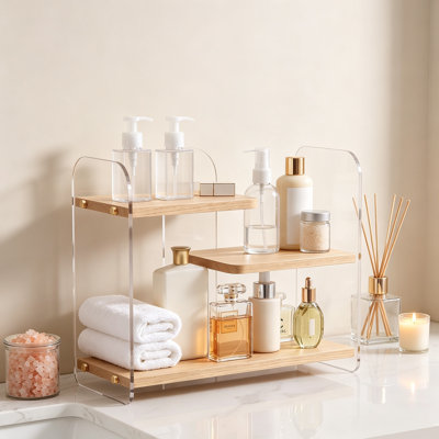 3 Tier Bathroom Counter Organizer, Acrylic Wood Shelf, Skincare Makeup Perfume Rack for Vanity, Kitchen