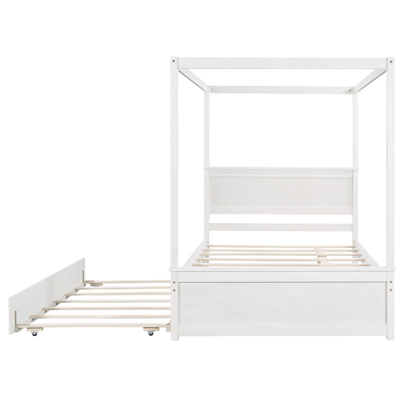 Lit à baldaquin entièrement en bois blanc brossé avec lit gigogne et 2 tiroirs de rangement, Rangement inclus