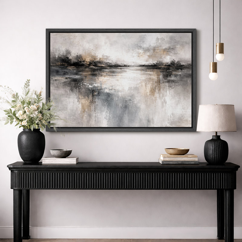 «Abstract Neutral Grey Misty Reflection», œuvre d'art moderne sur toile encadrée, impression sur toile, Cadre noir