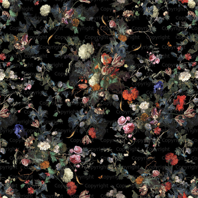 Papier peint floral foncé foncé, Noir, L 110,04 po x l 204 po
