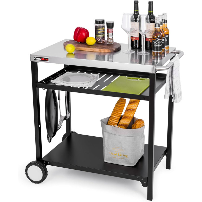 Silver and Black Steel Outdoor Grill Cart with Shelves