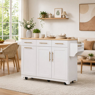 Kitchen Island with Trash Can Cabinet, Pull-Out Organizers, and Drop Leaf