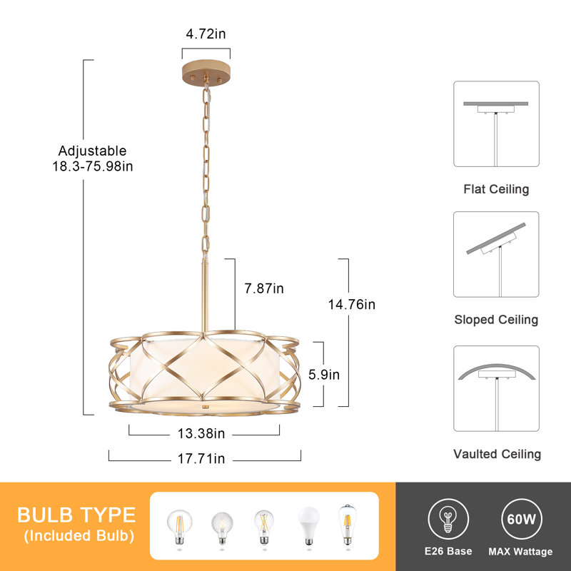 3 - Light Dimmable Drum Chandelier, Gold