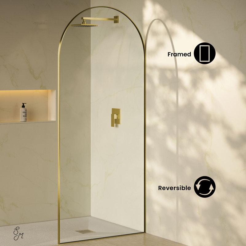 Porte 34 X 76 Framed Fixed 3/8 In. (10Mm) Clear Tempered Glass Shower Door With Black Matte Frame, Brushed Gold
