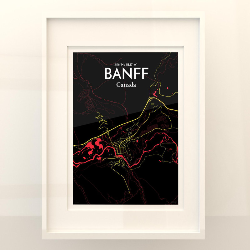 Banff, carte de la ville, impression, Noir / rouge / jaune, H 24 po x l 18 po