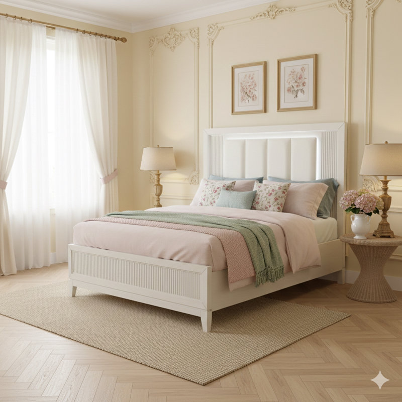 Grand lit antique à finition blanche antique avec coussin de tête de lit rembourré à DEL, mobilier de chambre à coucher moderne d'une seule pièce, avec détails de devant en roseau.