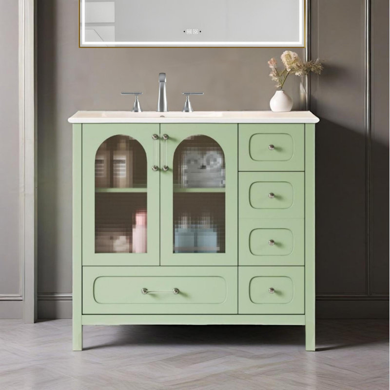 Armoire de salle de bain 36 po avec portes à texture gaufrée, meuble-lavabo avec quatre tiroirs et deux portes à fermeture en douceur, rangement pour salle de bain avec portes en verre