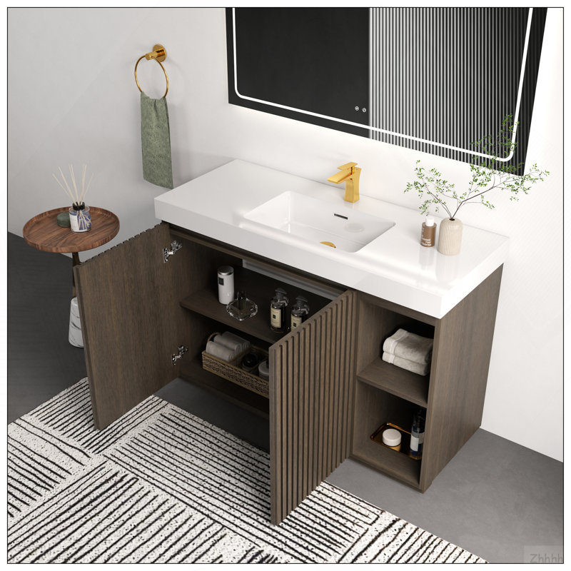 Meuble-lavabo sur pied en chêne fumé GALAN, White/Oak/Smoke
